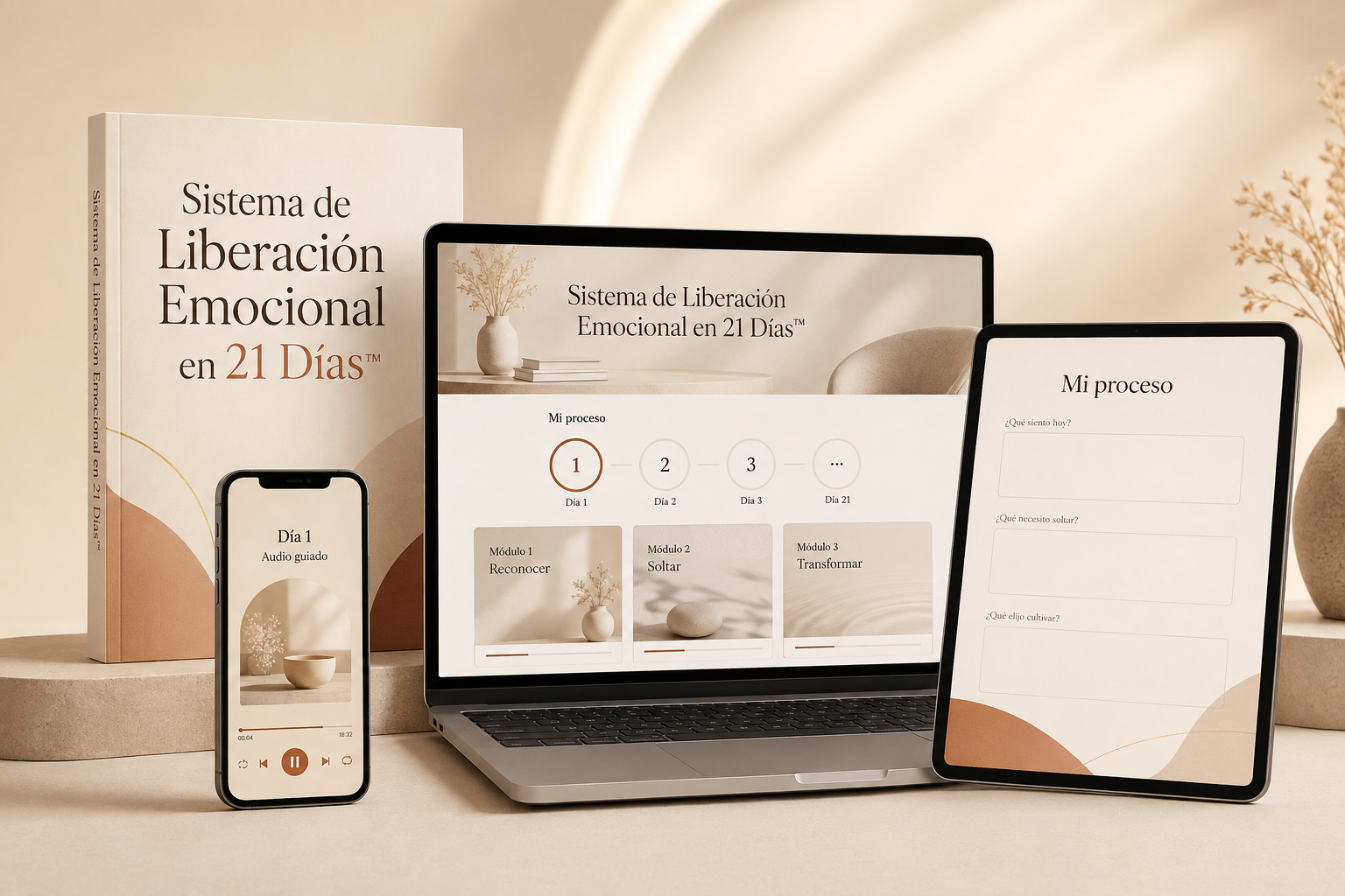 Sistema de Liberación Emocional en libro, teléfono, computador y tableta